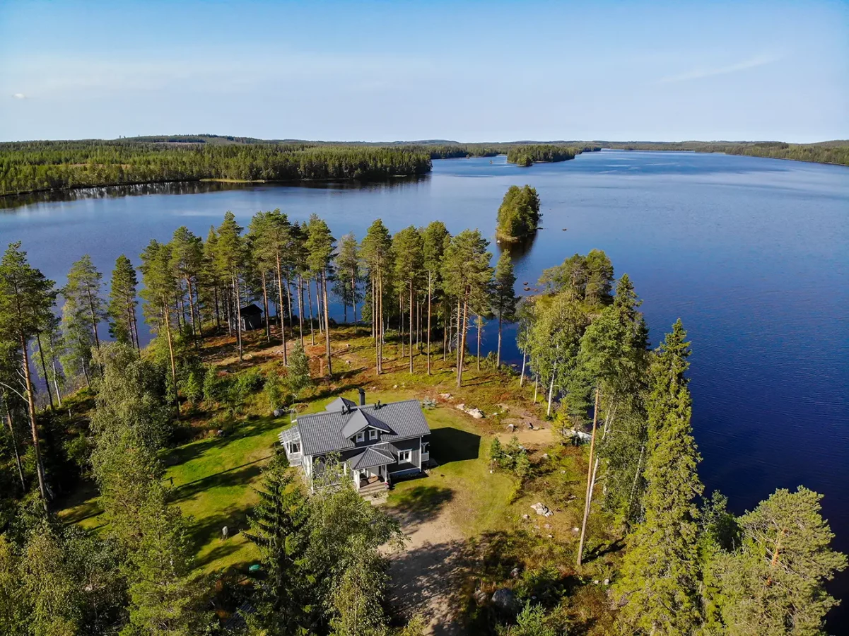 Aerial photo of lakeside cottage